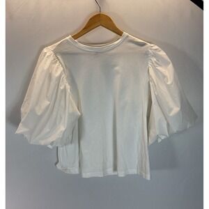 En Saison White Puff Sleeve Blouse Jersey Poplin Coastal Feminine‎ Size L